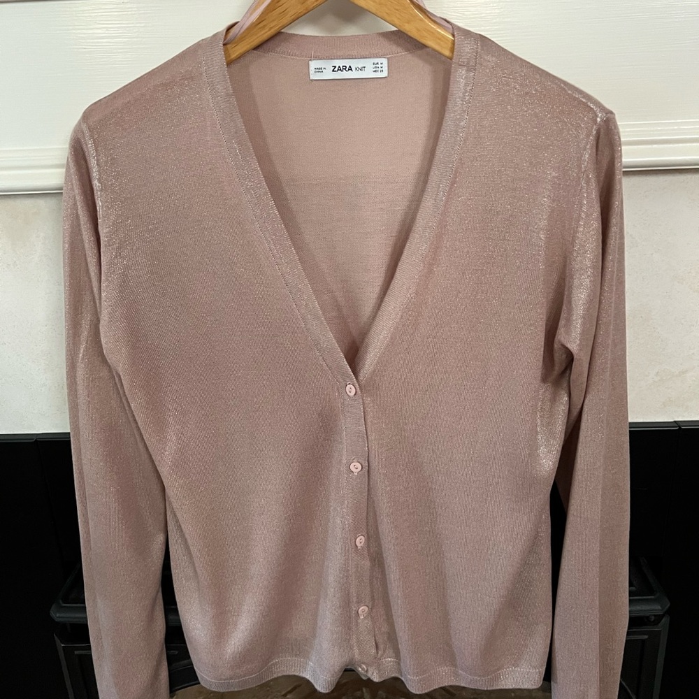 Zara Rose Gold Metallic Knit Buttoned Sweater